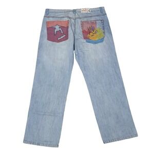 Vtg Y2K Miskeen Baggy‎ Jeans Mens 42 Hip Hop Skater Wide Leg Graphic Patch Denim